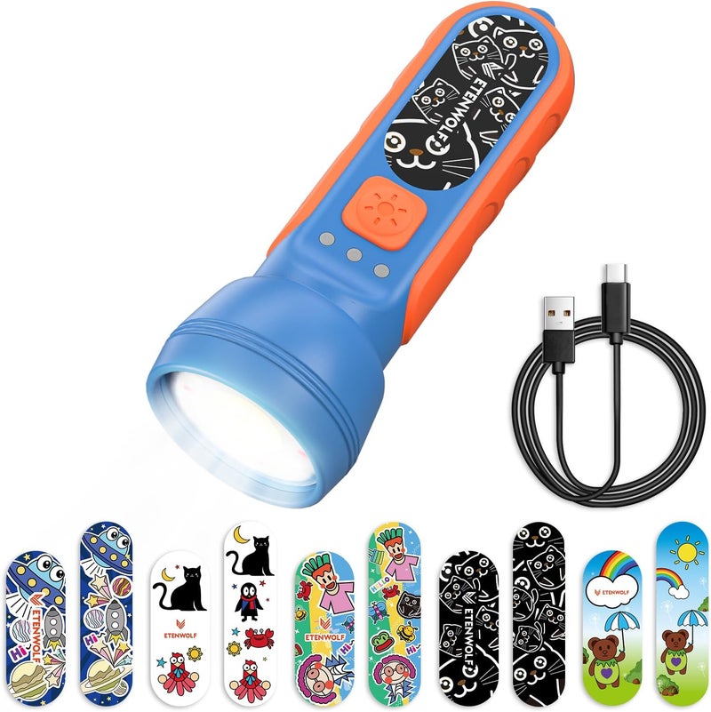 ETENWOLF L1 Rechargeable Flashlight for Kids,LED Flashlight with Fun DIY Stickers, 6 Light Modes, Adjustable Brightness, 1500mAh Battery, IPX5 Waterproof Flashlight for Camping, Home & Emergency - Image 1